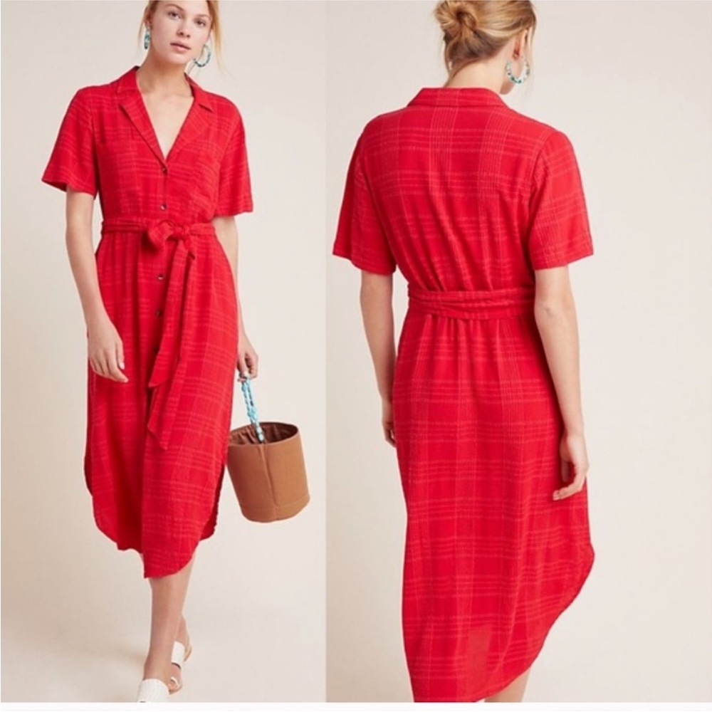 Anthropologie Red Button-Front Midi Shirt Dress
